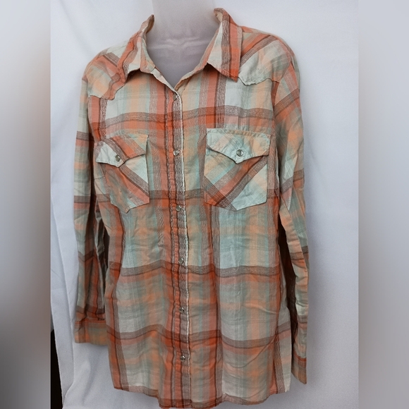 2/$30 WRANGLER Wrancher Orange and Cream Plaid Button-Up Shirt (#452) - Picture 1 of 8